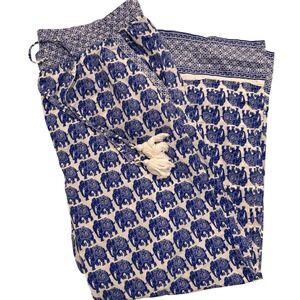 Devi Designs Elephant Print Wide Leg Boho Pants Blue White Tassel Drawstring L